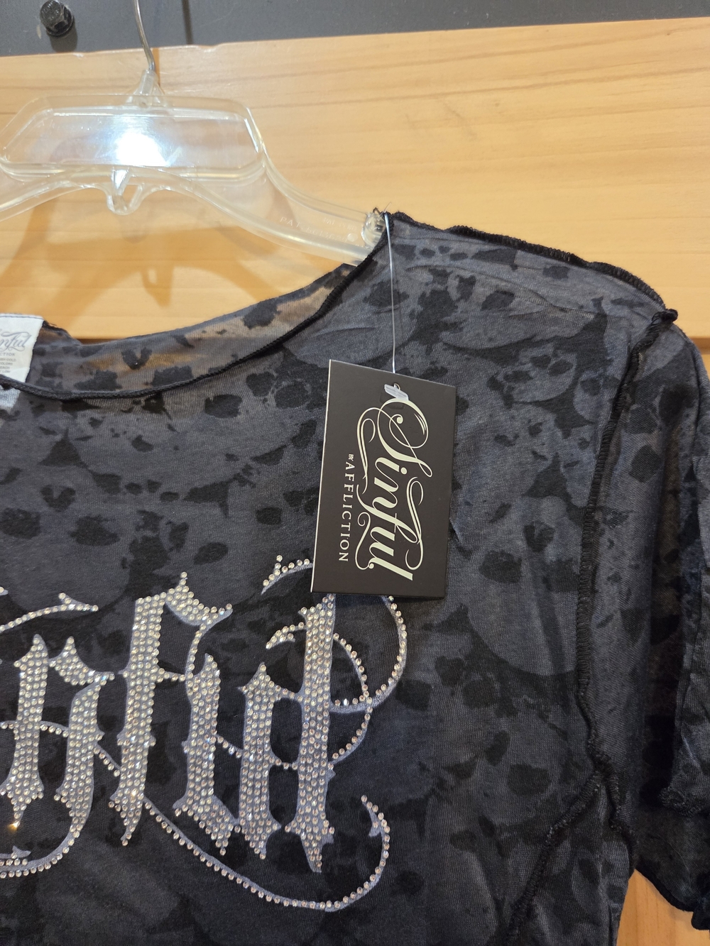 NWT | Sinful Affliction Sheer Skull Lettuce Hem Shirt Rhinestone Logo | Medium - Picture 3 of 6